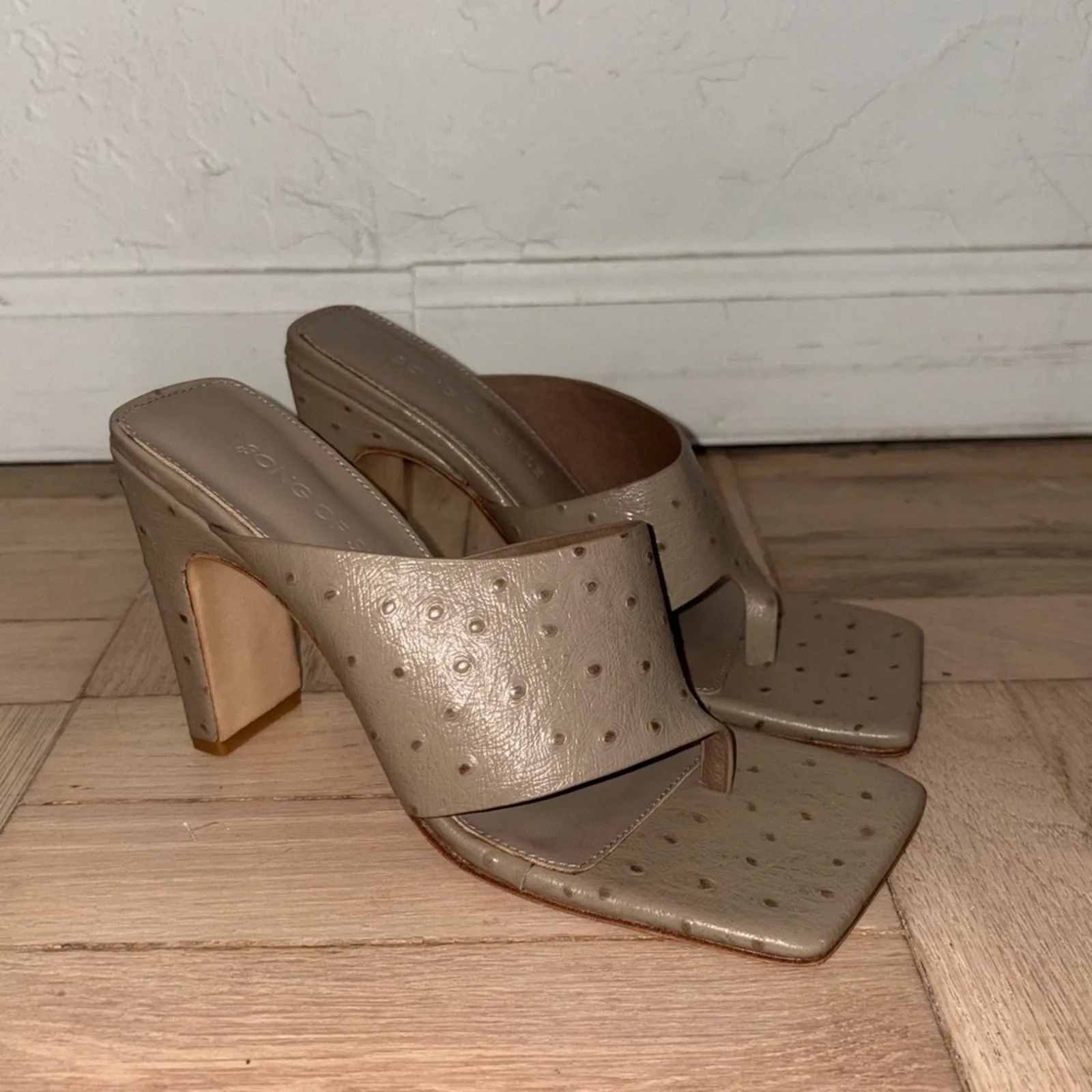 Song of Style x Revolve Geo Leather Ostrich-Embossed Square Toe Heels (W6)