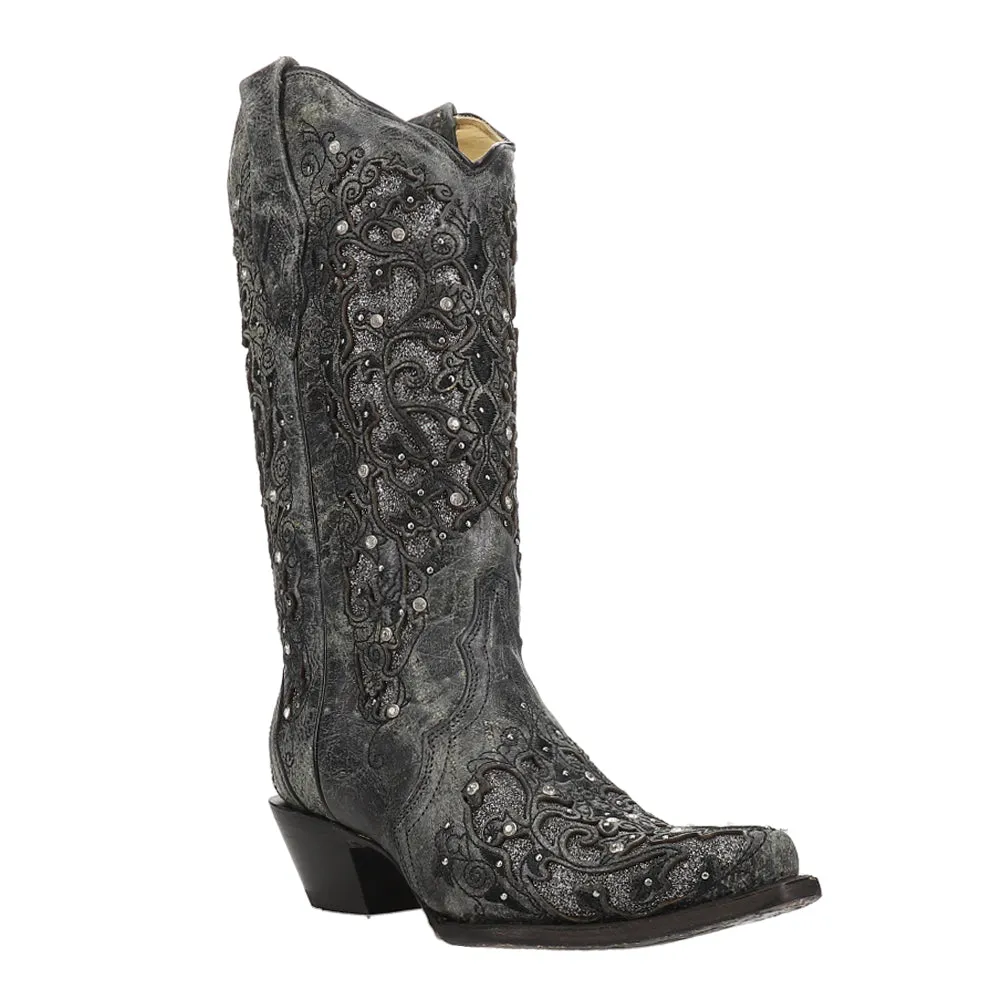 Studded Tooled Inlay Snip Toe Cowboy Boots