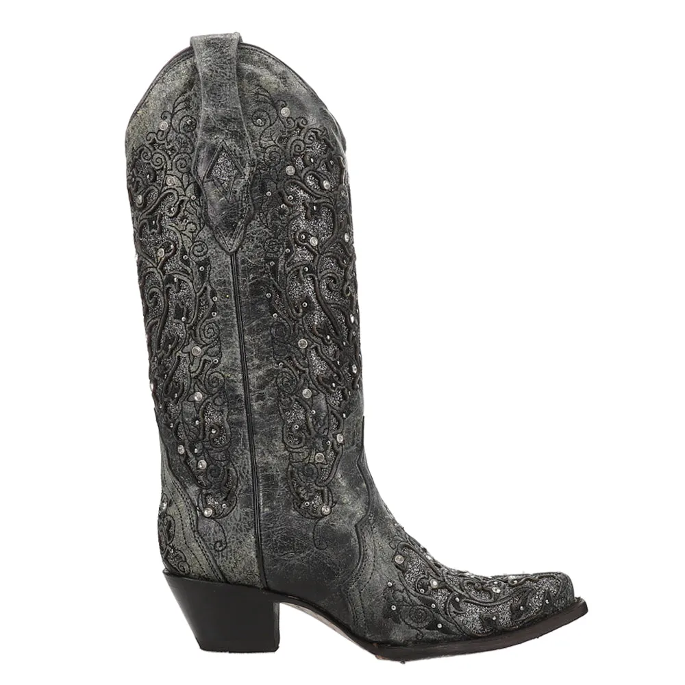 Studded Tooled Inlay Snip Toe Cowboy Boots