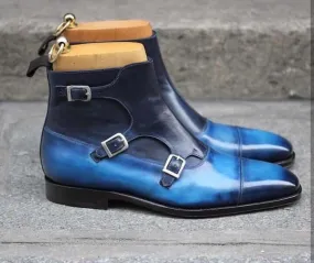 Stylish Men's Handmade Triple Monk Strap Ankle High Two Tone Blue Leather Boots