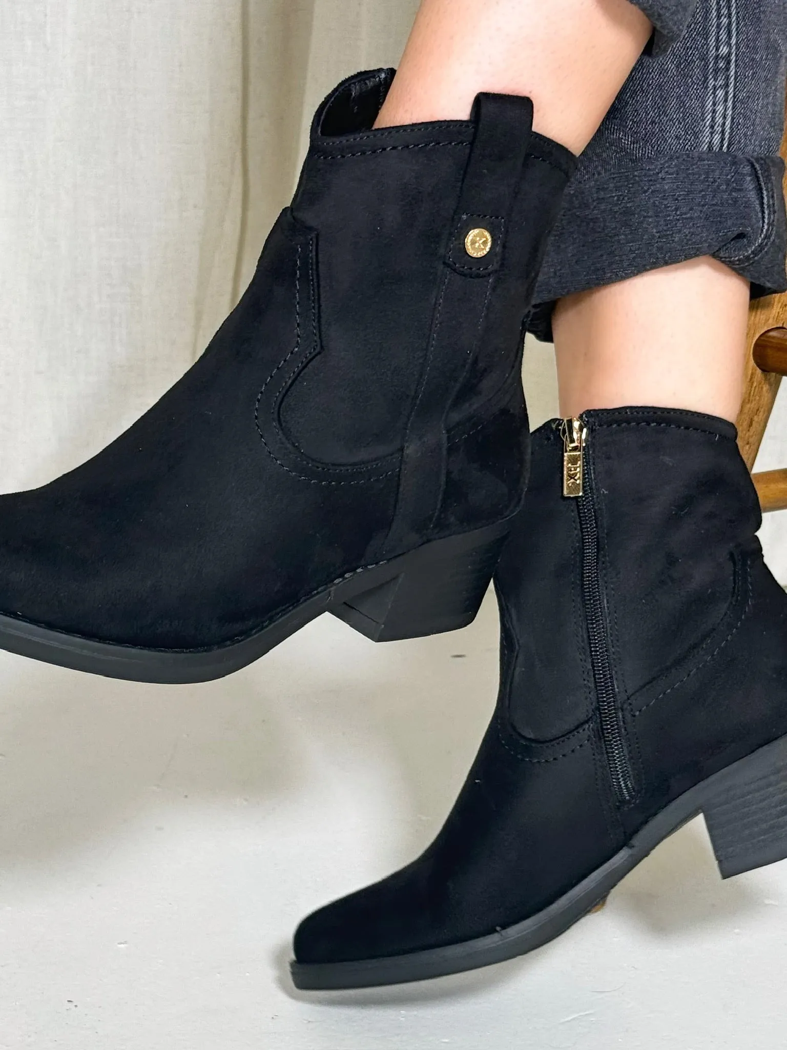 Suede Western Ankle Boot - Black