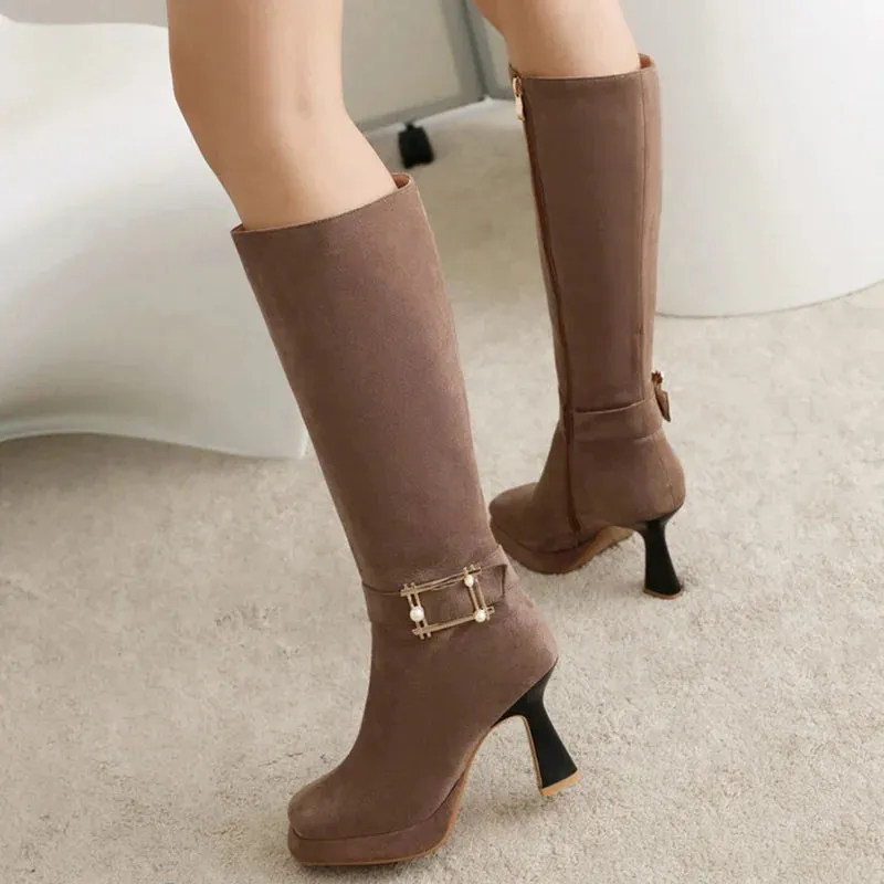 Trend4us Women's Classic Suede Buckle High-Heeled Boots