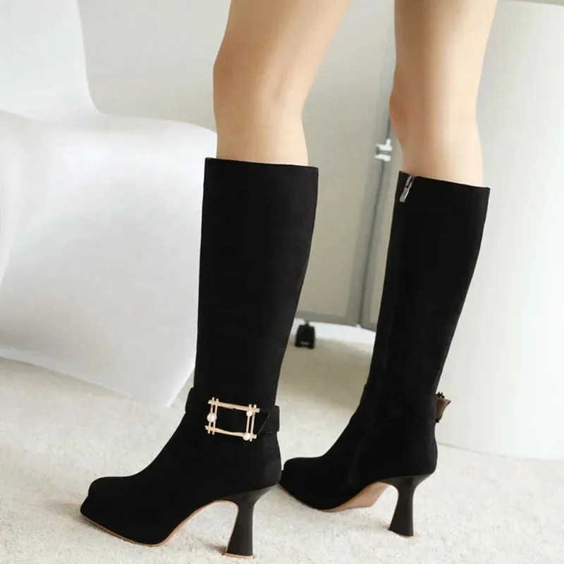 Trend4us Women's Classic Suede Buckle High-Heeled Boots