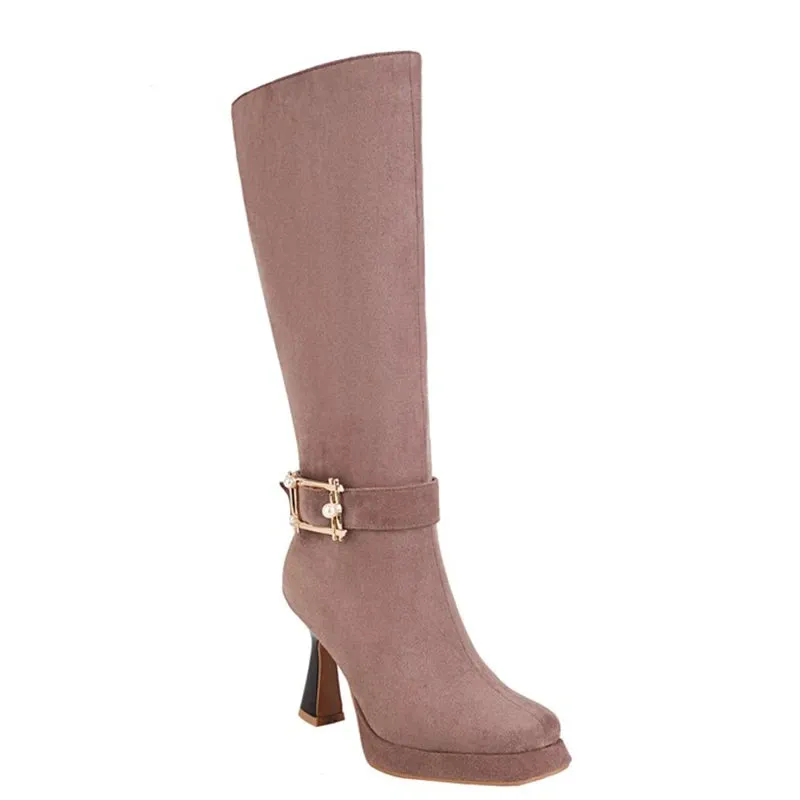 Trend4us Women's Classic Suede Buckle High-Heeled Boots