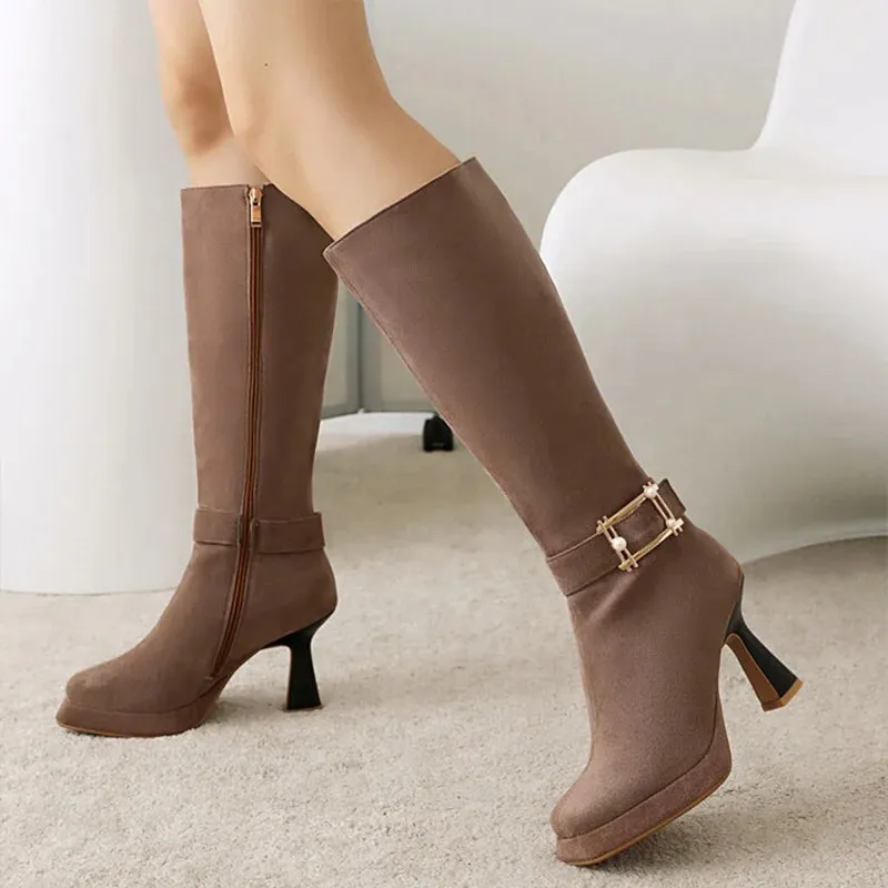 Trend4us Women's Classic Suede Buckle High-Heeled Boots