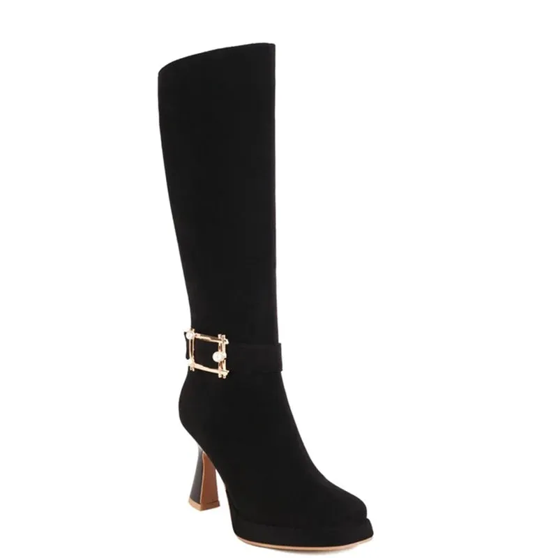 Trend4us Women's Classic Suede Buckle High-Heeled Boots