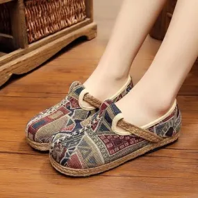 Vintage Embroidered Cotton Linen Loafers