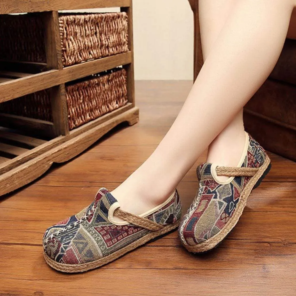 Vintage Embroidered Cotton Linen Loafers